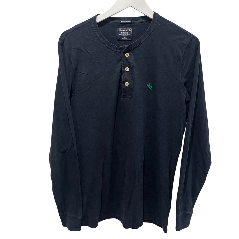 Abercrombie & Fitch Mens Long Sleeve Henley Shirt Blue‎ M Logo Casual Top Preppy